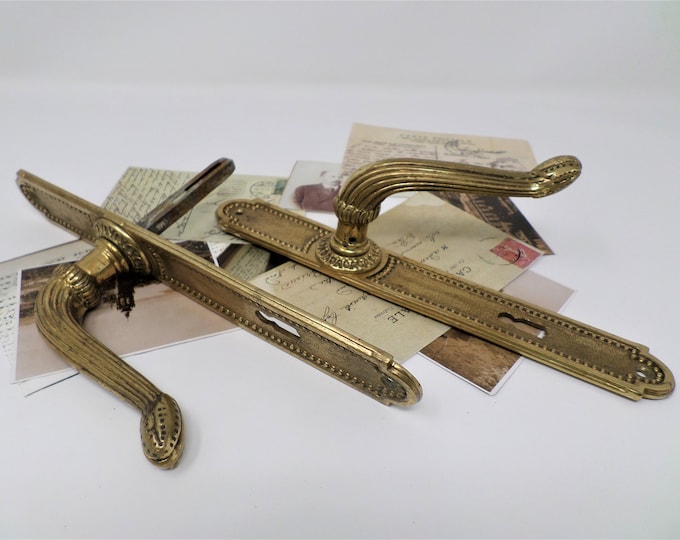 Vintage Solid Brass Door Handles, Pair of Antique French Door Handles