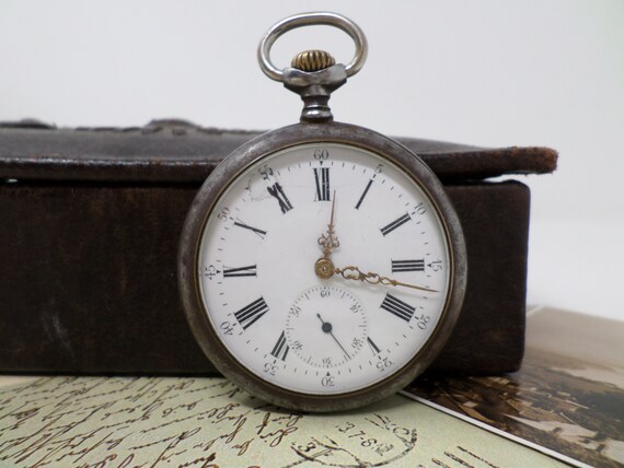 Antique Swiss Pocket Watch, Porcelain Dial, Vinta… - image 2