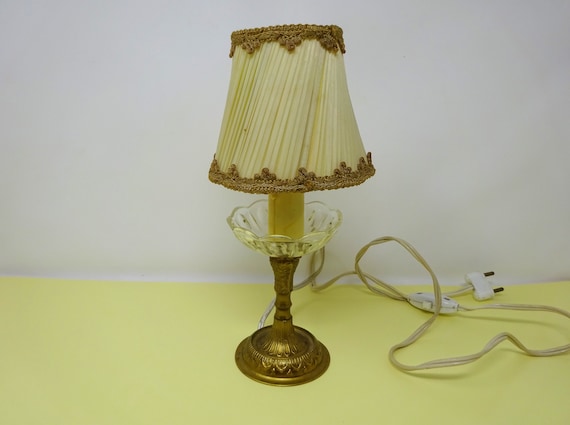 Vintage Table Lamp, Small French Brass and Textile Night Light