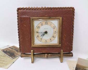 BAYARD Vintage Alarm Clock with Brass and Brown Leather, French Brass Table Clock, Rare Mechanical Desk Clock, Working, 1940s