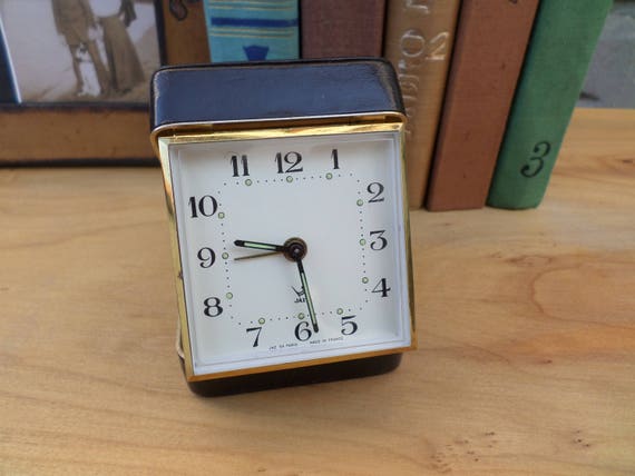 French Travel Alarm Clock Jaz With Leather Case, Vintage Desk