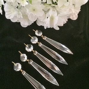 5-Clear, U-Drop, Brilliant-Cut, Crystal Chandelier Prisms, 3&quot; Spear & Octagon Bead, Excellent Quality, NEW
