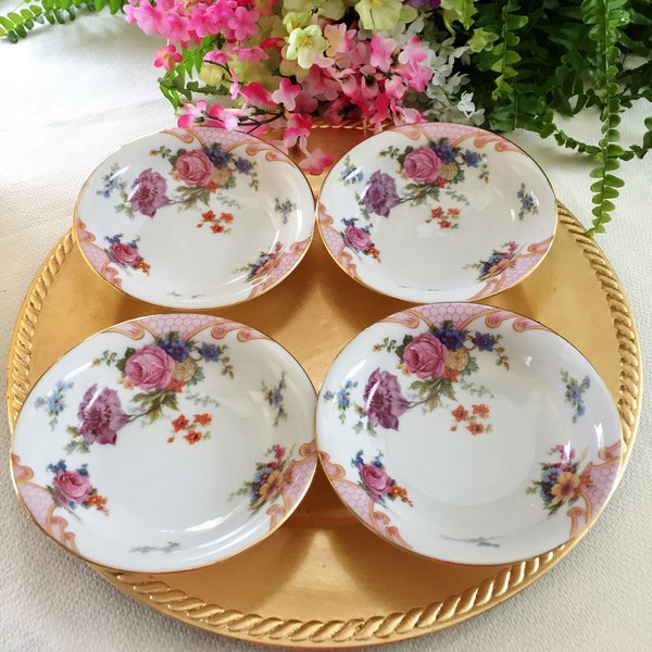 4 Sauce Bowls, EPIAG, Bridal Rose,  Pattern #5522,  Bohemian/Czech Porcelain, c. 1930's, Gold Trim