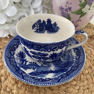 May include: A blue and white ceramic teacup and saucer set. The set features a detailed landscape design in a classic blue and white color scheme. The teacup has a handle and sits on a matching saucer, perfect for serving tea.