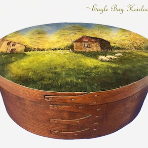 1980's Oval Bentwood Shaker Box, Folk Art Rural Scene, Artist Signed INEZ, 11"