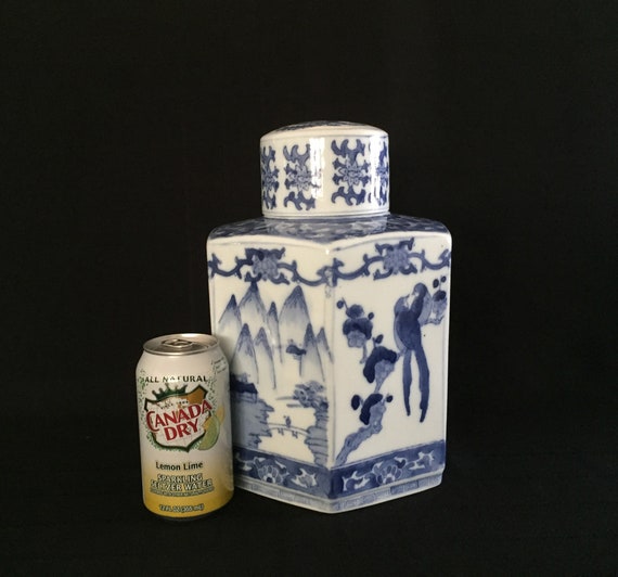 Hexagonal Blue & White Porcelain Tea Caddy - Birds & Trees Hexagonal Blue & White Porcelain Tea Caddy - Birds & Trees