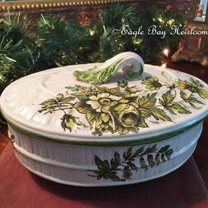 Italian, Hand Painted, Majolica, Oval Covered Dish, Yellow & Green Floral, Applied Leaf Handle, #1288, Gift for Her or Him
