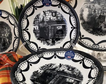 Set 4/Royal Stafford England Halloween, HAUNTED HOME,  Soup Bowls, Spooky Witch, Cauldron, Black & Gray