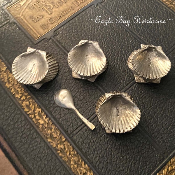 Vintage METZKE 1973, 5-PC. PEWTER, Salt Cellars & Spoon, Clam-Shell Shape, Footed, Open Salt Dips