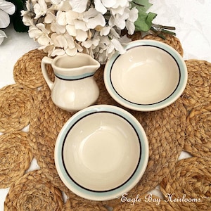 Shenango China:  1950s Discontinued Restaurant Pieces, Choice of Creamer or Fruit Bowls, Aqua & Brown Striped Band