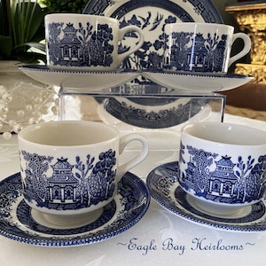 4 Churchill, Willow Blue, Teacup & Saucer Sets, Staffordshire, England, Ironstone, Flat Cups, Blue Willow