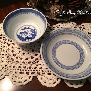 2 Pcs.  Chinese Export Blue & White, Sauce Bowl, Rice Bowl, Pagoda, Lake Scene, Greek Key