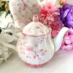 TEAPOT:  Pink Botanical Birds, Scalloped Rim, Rosebud Knob by Grace Teaware, HTF Pattern, Great Gift