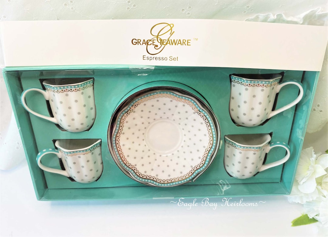 NIB, Grace's Teaware, Set of 4 Espresso Cups & Saucers Josephine Aqua ...