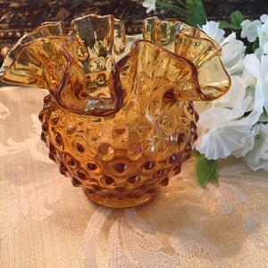 Fenton, Honey Amber, Hobnail Glass, Bowl, Vase, Crimped-Ruffled Top, Round Shape Signed 4.25&quot; High, Great Gift