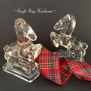 Pair of L.E. Smith, Clear Art Glass, HORSE Sculptures, BOOK ENDS, Pressed Glass, Equestrian Rearing Horses, c1940, Great Gift, KentuckyDerby