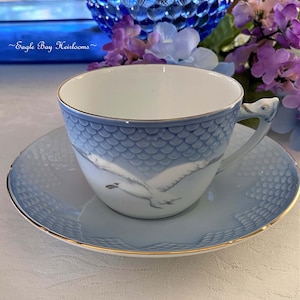 Danish Porcelain Teacup & Saucer Set, Bing Grondahl, &#39;SEAGULL&#39;, Blue White Pattern, Fish Scales, Seagull Handle, #103, Gift for Her or HIm