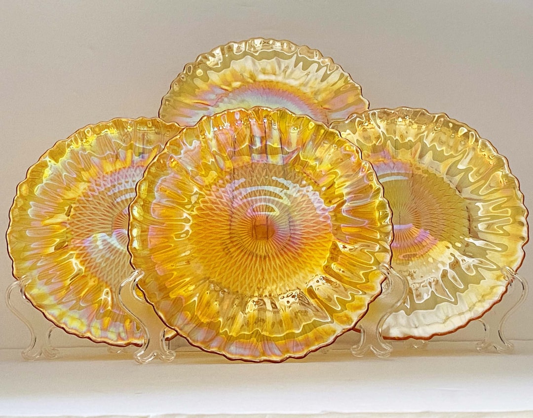 Set 4/carnival Glass Dessert Plates, Marigold Iridescent Sunflowers 8