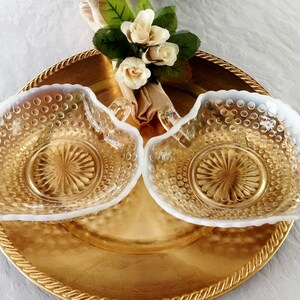 SALE-Set 2-Anchor Hocking, Glass NAPPY BOWLS, Heart Shaped, Moonstone, Clear & Opalescent Hobnail, Crimped  Handled