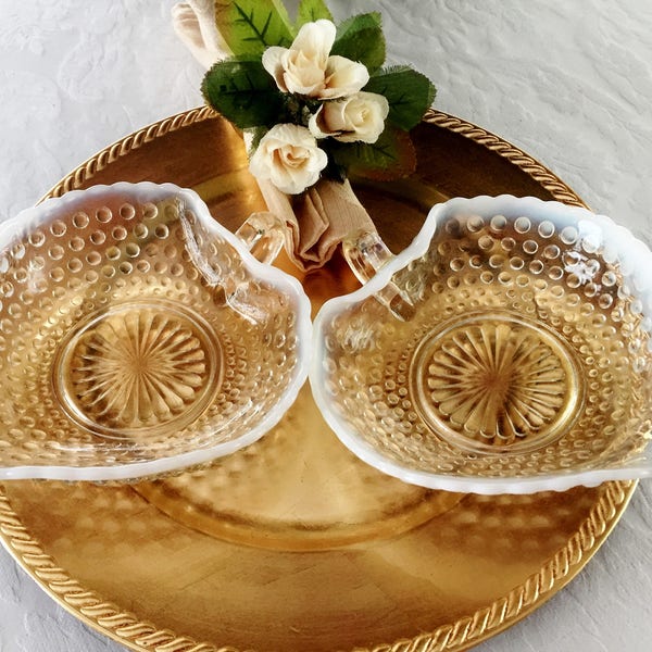 2-Anchor Hocking, NAPPY BOWLS, Heart Shaped, Moonstone, Clear & Opalescent Hobnail, Crimped  Handled