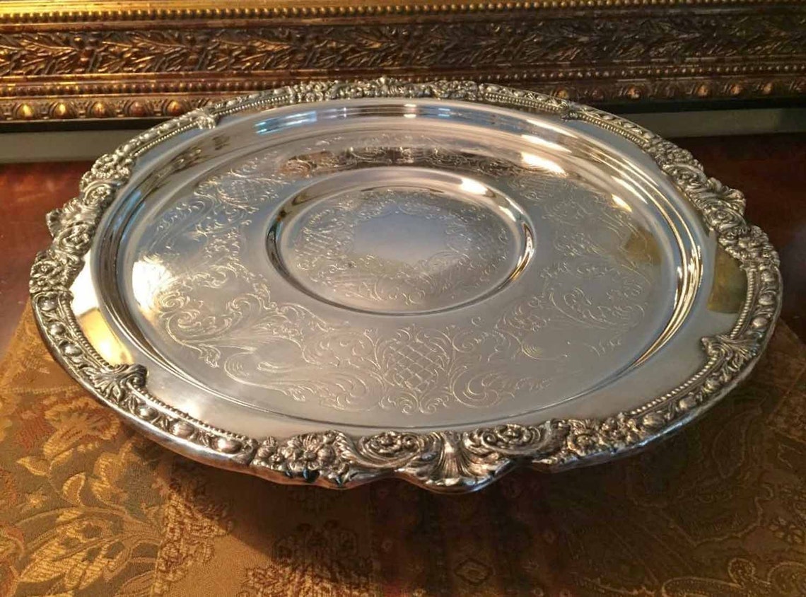 LARGE Round SilverPlate Tray Sheridan Lazy Susan Type Etsy