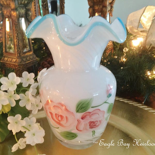 Clearance..*VASE, White Opalescent Swirl, Aqua Crest, Ruffled Top, Pink Double Roses