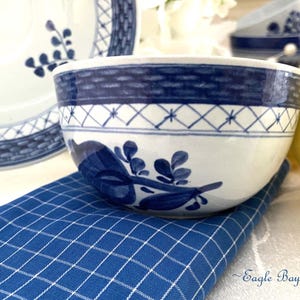 May include: A blue and white ceramic bowl with a floral design. The bowl is sitting on a blue and white checkered cloth.