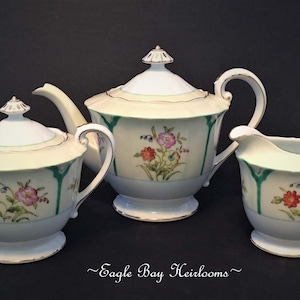 Noritake Moriyama, Mori Mache, Teapot, Creamer & Sugar Bowl with Lid c 1920&#39;s