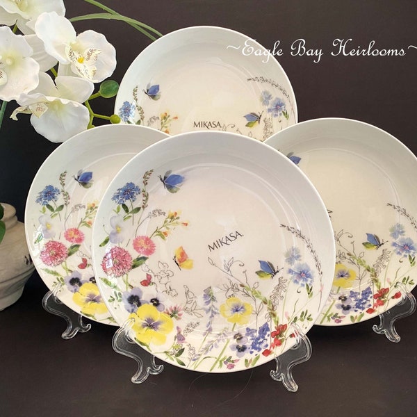 Set 4/PASTA Bowls, Mikasa, JOLIE, Multicolor Wildflowers, Butterflies, White Bone China, 8.5" Diameter, No Trim