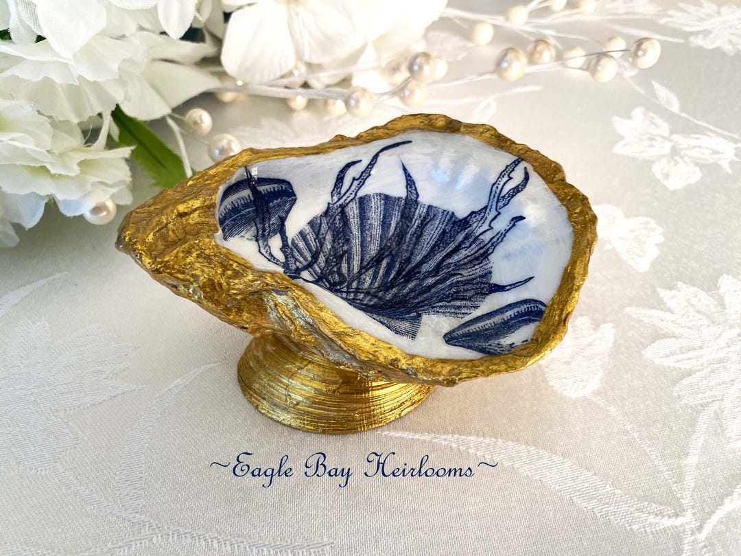 Decoupage Oyster Shell, Trinket, Ring Dish, Rare Pedestal Design, Blue ...