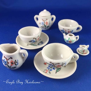 11 Piece Porcelain Childrens Dollhouse China, Made Japan, Red, Blue Green Floral, Toy China, Child Doll Teaset