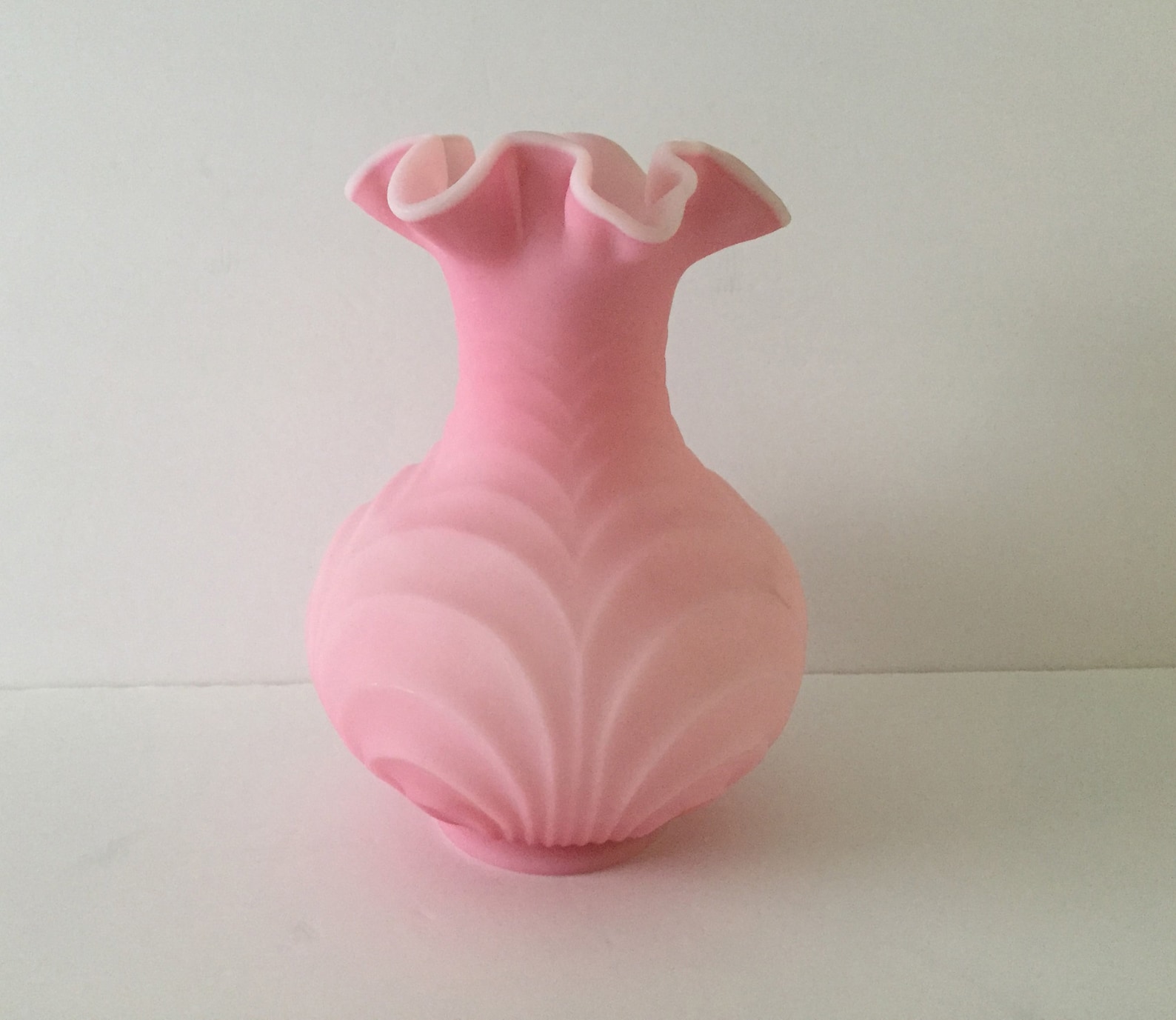 Large Pink Fenton Art Glass Vase Ruffled Satin Custard Vase Etsy