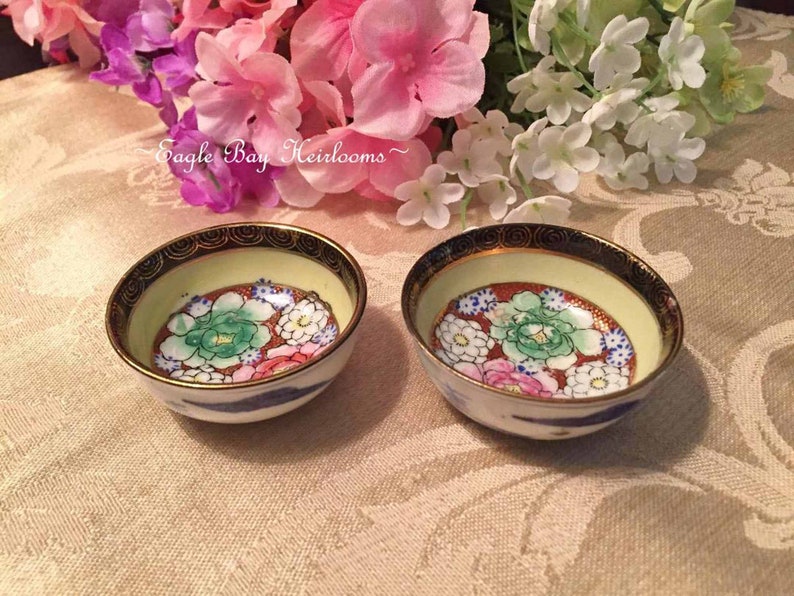 Floral Centers 2 Japanese Hand Painted Cobalt Blue Exterior Designs Open Salts CellarDips