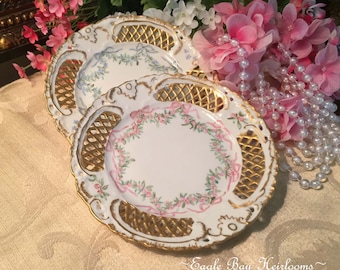 Choice:  Pink or Blue, European Fine Porcelain, Lattice Work, Gold Gilt Side Plates, Hand Painted Rose Garlands & Bows