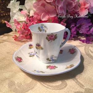 Shelley Dainty Shape Demitasse Cup & Saucer #13424, Rosebuds, Pansies, Blue Trim, England