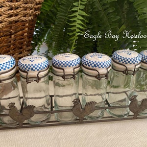 Vintage Country Farmhouse Spice Rack with Ceramic LIds, Blue Gingham Designs, Wire Clasps on Glass Jars, Metal Stand, Roosters (6 Jars)