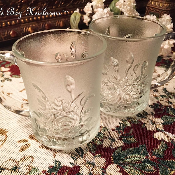Set 2/Livia by Pasari Crystal, Clear Frosted Glass Mugs, Embossed Roses. 8 Ounce, 3.75" High