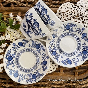 Set 2, Enoch Wedgwood, BLUE ONION, Teacup & Saucer Sets, Different Backstamps, Tunstall England, Discontinued Pattern, Blue and White
