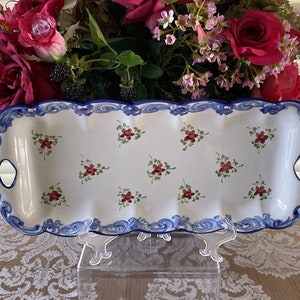 Rectangular, Hand Painted Floral, Sandwich/ Bread Serving Tray, Portugal 1089 VESTAL, Red Florets, 16.75&quot; L