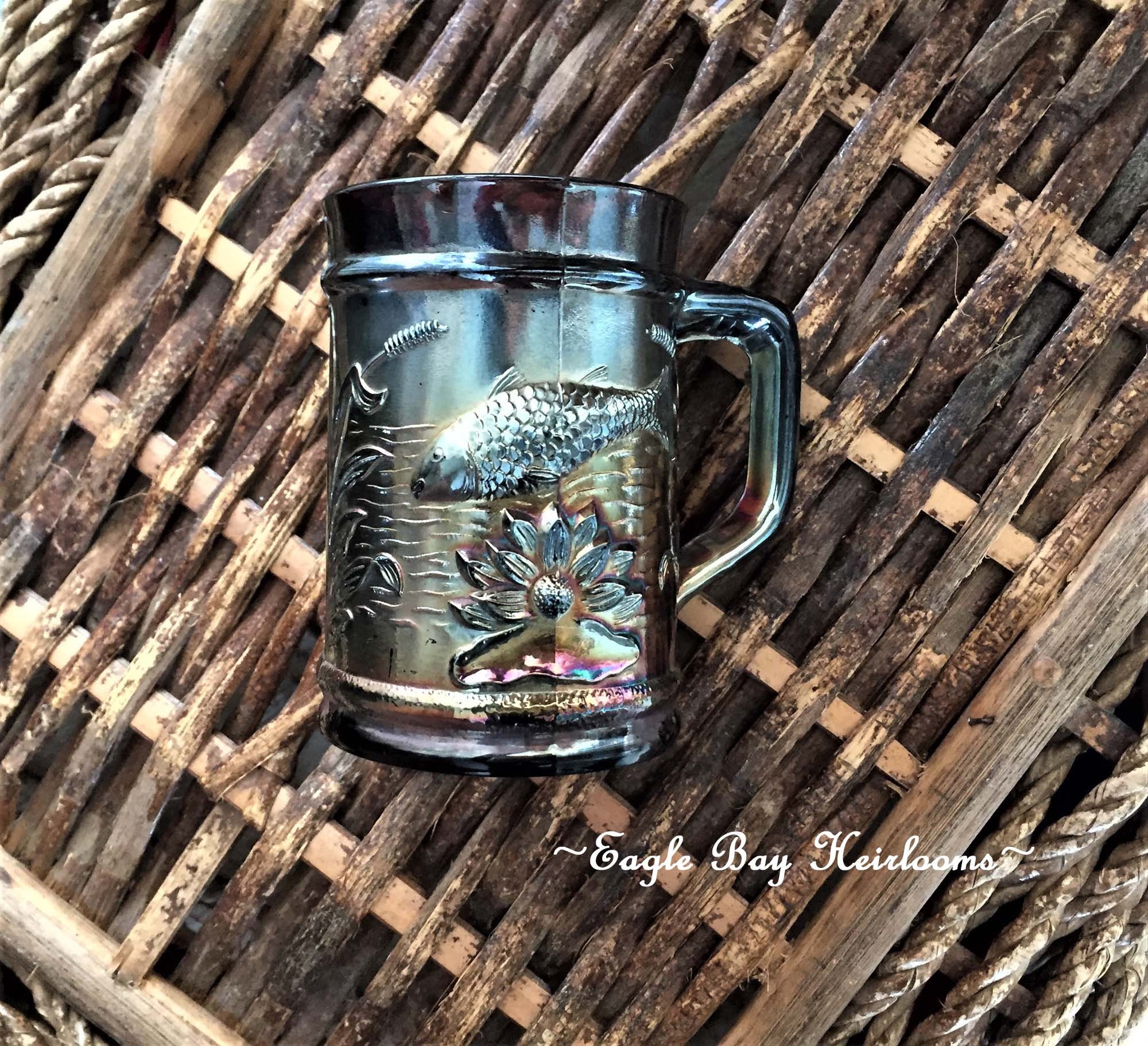 Vintage Marigold Carnival Glass Mug. Old Dugan Banded Grape Coffee Cup.  Antique Iridescent Tea Cup. 