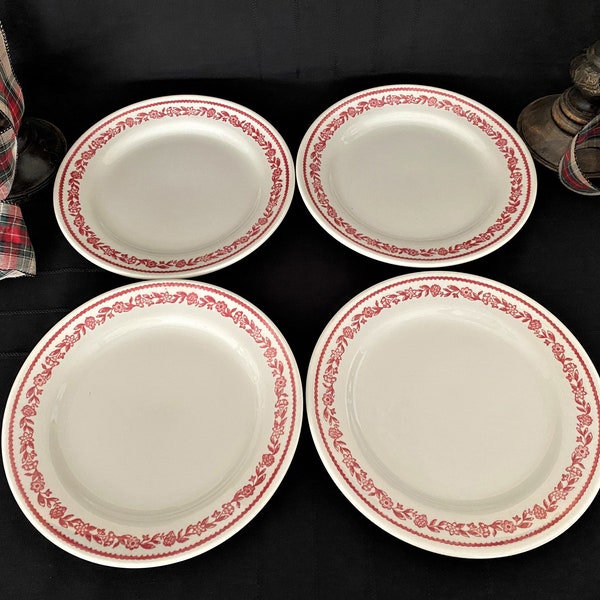 Set 4/Buffalo China, Kenmore RED (Pink), DINNER/Luncheon Plates, Restaurant, Railroad, Hotel Wares, 9-5/8" Diameter