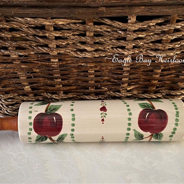 Collectible Apple, Farmhouse, Ceramic Rolling Pin, Wooden Handles, Painted Red Apples, Kitchen Decor
