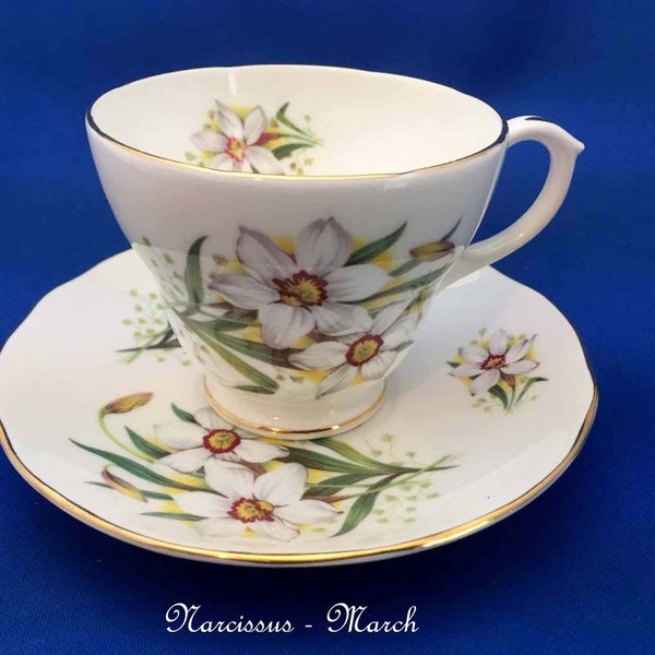 Duchess, England, Bone China, Flower of the Month, MARCH Teacup & Saucer Set, Choice of Pattern, Great Gift