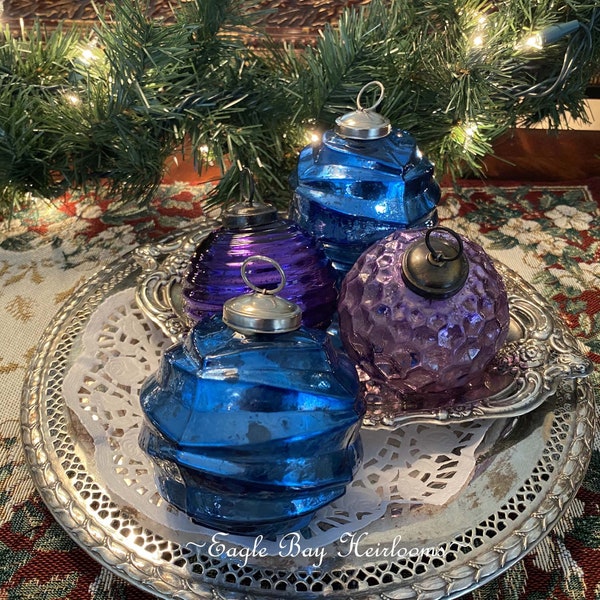 Choice of Color: Heavy Glass Ornaments, Kugel Attributed Mercury Glass, BLUE or AMETHYST 3" Inches, Applied Caps with Loop