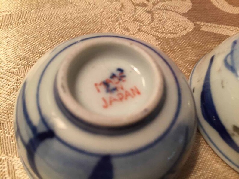 Floral Centers 2 Japanese Hand Painted Cobalt Blue Exterior Designs Open Salts CellarDips