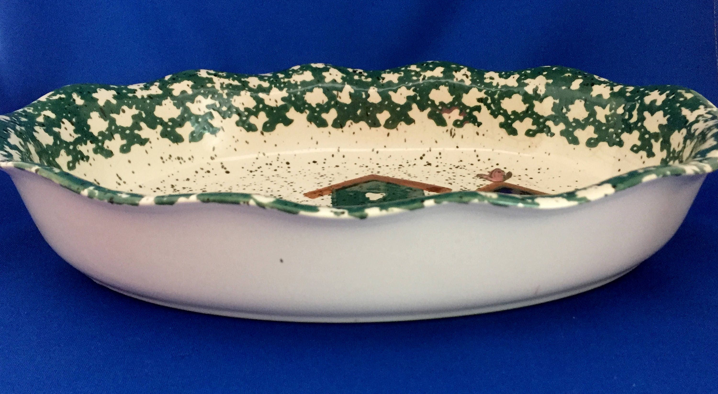 Green Spongeware Oval Scalloped Baking Dish Birdhouses Etsy