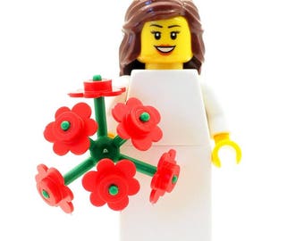 Wedding Bride with Large Bouquet of Flowers Made From LEGO Parts