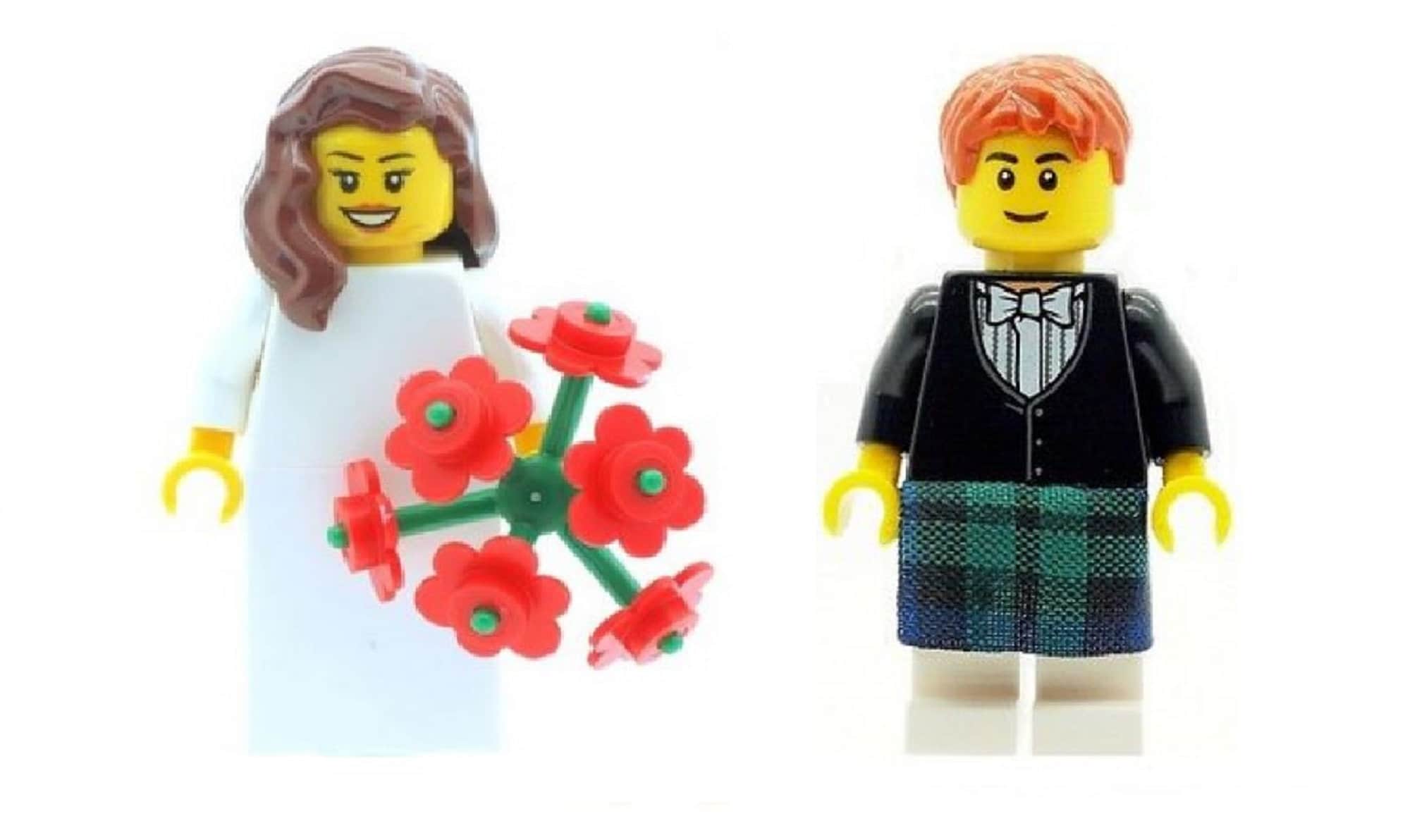 Sposa nuziale con bouquet di fiori e sposo scozzese kilt verde Minifigs  NUOVO realizzato con parti LEGO -  Italia