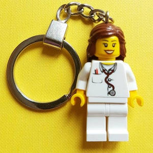 Female Nurse Doctor Minifigure Keychain with Brown Hair - Handmade made from LEGO Parts