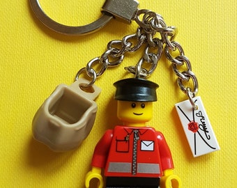 Postman Minifigure (with Sack and Letter) Keychain - Handmade made from LEGO Parts